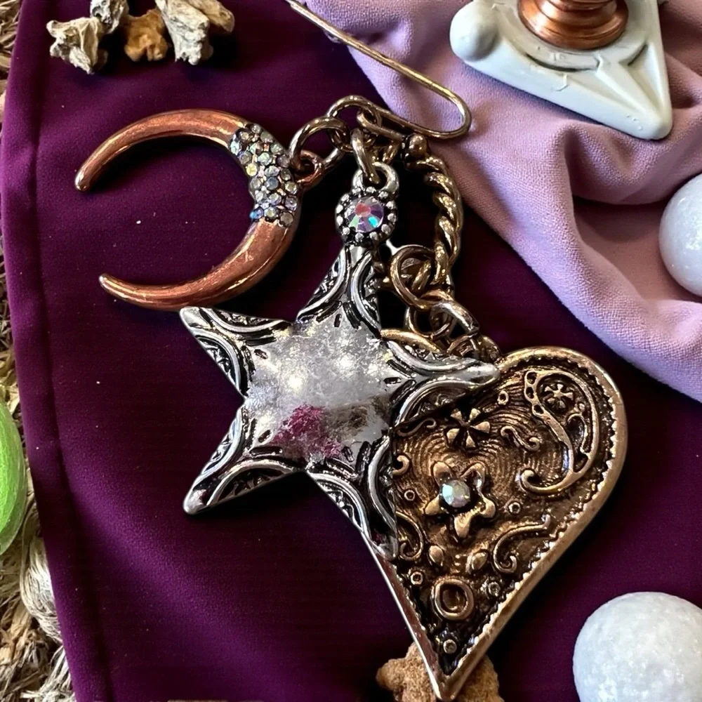 Boho Silver, Copper, and Bronze Toned Star and Heart Earrings Celestial Witchy